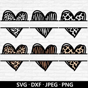 May include: A selection of animal print heart designs, featuring leopard, zebra, and cow patterns. Each heart is split into two halves with a horizontal line and a triangle below. The image includes the text "SVG • DXF • JPEG • PNG".