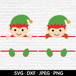 Monograma de elfo de Navidad SVG, Monograma dividido svg, Elf Boy girl SVG, Clipart de Navidad, Marco de nombre SVG, Archivos de corte de elfos lindos Descarga digital