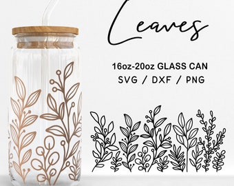 Leaf Pattern Glass Can Wrap SVG: Botanical Line Art Cut files (Digital Download)