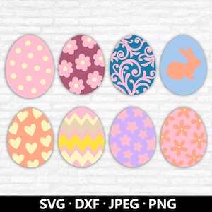 May include: Eight decorative Easter egg designs in various colours. Patterns include polka dots, flowers, swirls, a bunny, hearts, zigzags, and stars. The colour palette includes pink, purple, orange, blue, and yellow.