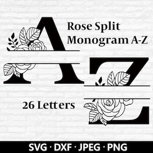 Letras del alfabeto divididas en rosas SVG, archivos PNG del alfabeto dividido en flores, monograma dividido en flores, archivos de corte del alfabeto con marco de nombre de rosa, descarga digital