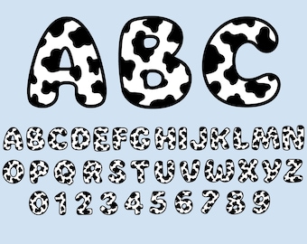 Alfabeto con stampa mucca SVG: Carattere, numeri, lettere, file di taglio (download digitale)