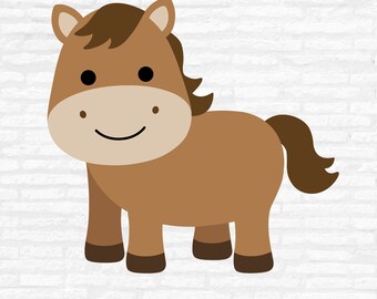 May include: A cartoon illustration of a brown horse with a light tan face and dark brown mane and tail. The horse has a smiling expression and is standing on four legs. The image includes the text "SVG • DXF • JPEG • PNG".