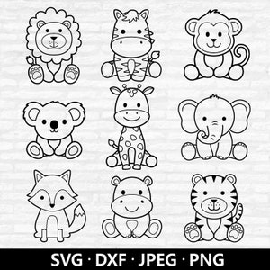 Animais de safari descrevem SVG, pacote SVG de animais, clipart de animais da selva, arquivo de corte de animais fofos, download digital de arquivos de corte de animais bebês
