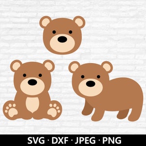 Lot mignon ours SVG, vecteur de visage d'ours. Chemise ours brun, clipart baby shower, ours en couches, animaux du zoo coupe fichiers téléchargement numérique