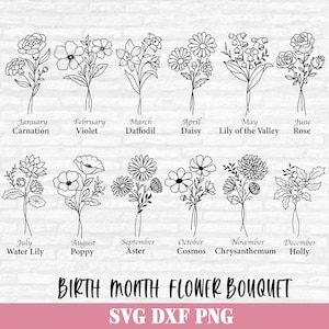 Mês de nascimento Bouquet de flores Svg, Pacote de flores Svg, Flor de nascimento Svg, SVG botânico, Svg floral, Arquivos de corte de aniversário de flores Download digital