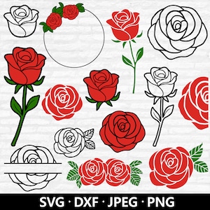 Pacchetto SVG rosa, contorno rosa SVG, fiore Dxf, monogramma diviso Png, mezza rosa vettoriale, clipart rosa, file di taglio rosa Download digitale