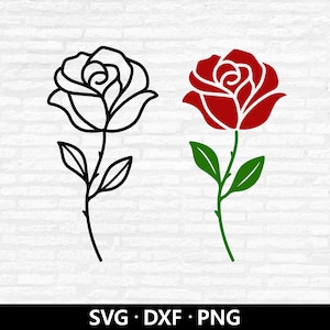 May include: Two rose illustrations. One is a black outline, the other is a red rose with green leaves and stem. The image includes the text "SVG • DXF • PNG" at the bottom, indicating file formats.