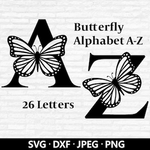 Monograma de borboleta SVG, monograma de alfabeto de borboletas voadoras, arquivo PNG de fonte de alfabeto maiúsculo, arquivos de corte de letras de borboleta para download digital