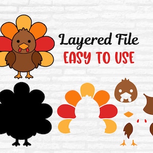 May include: Layered file of a Thanksgiving turkey with a brown body, orange and red feathers, and a black outline. The file is easy to use and includes separate pieces for the body, feathers, and head.