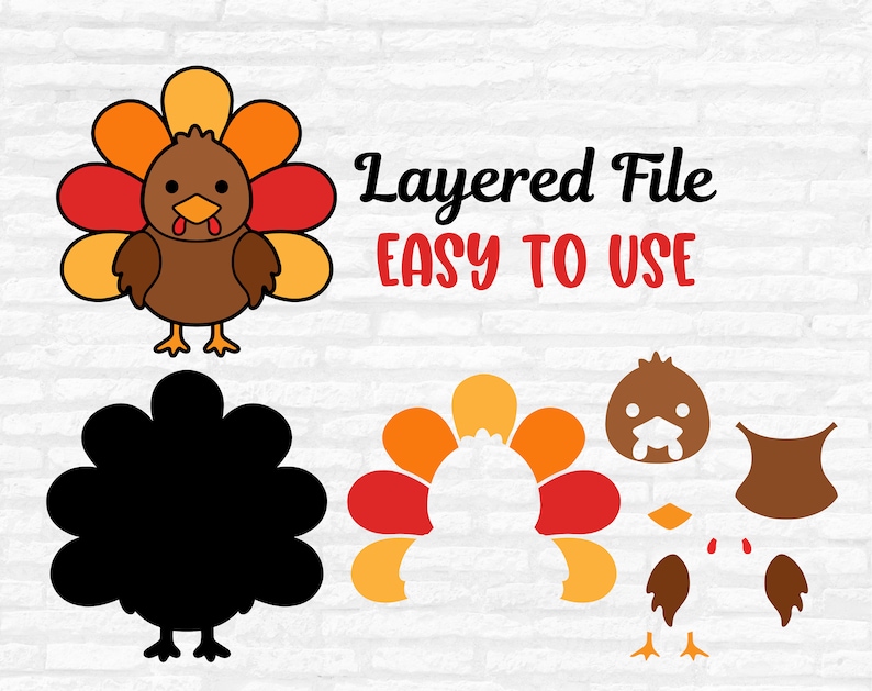 May include: Layered file of a Thanksgiving turkey with a brown body, orange and red feathers, and a black outline. The file is easy to use and includes separate pieces for the body, feathers, and head.
