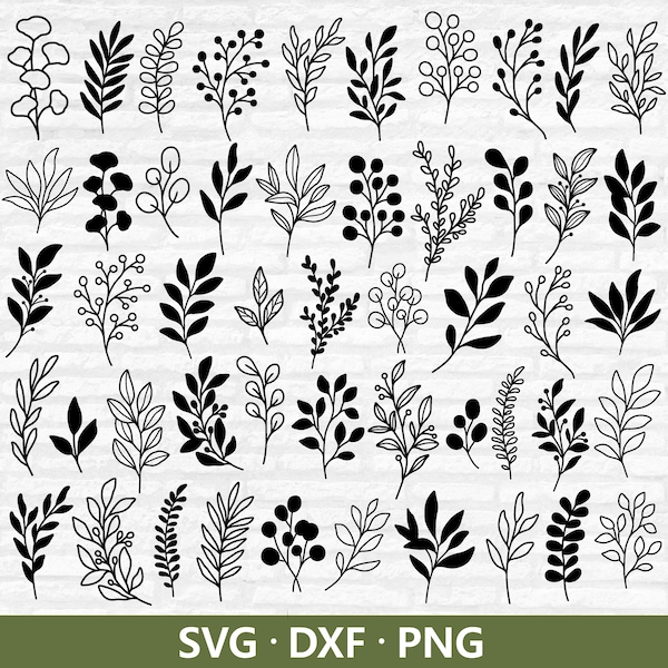 Blätter SVG, 50 Blätter SVG Bundle, handgezeichnete Blätter SVG, Blatt SVG, botanische Cliparts, grüner SVG, Blatt Vektor, Blatt geschnitten Dateien für Cricut