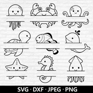 Meerestier-Monogramm Umriss SVG, Meeresgeschöpfe Namensrahmen, Baby-Dusche-Shirt PNG, Marine Strandtier Label Tag Schnittdateien digitaler Download