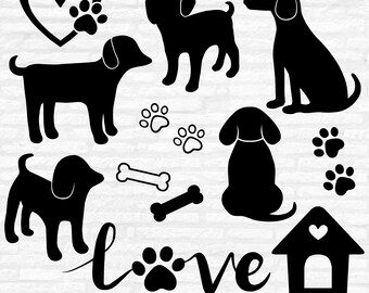 犬のSVGバンドル：子犬のクリップアート、足跡のベクターカットファイル（デジタルダウンロード）