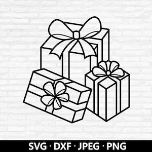 ギフト アウトライン SVG、クリスマス ギフト ベクター、クリスマス プレゼント クリップアート、ギフト ボックス DXF ファイル、クリスマス ホリデー プレゼント カット ファイル デジタル ダウンロード