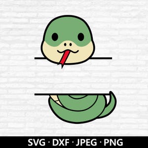 May include: A cartoon snake graphic with a green head and body, a beige face, and a red tongue. The snake is divided into two parts by a horizontal black line. The bottom of the image has the text "SVG • DXF • JPEG • PNG".