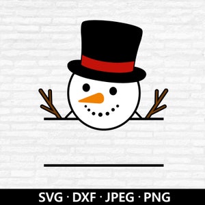 May include: A snowman graphic with a black top hat, red band, and twig arms. The snowman has a carrot nose and a dotted smile. Below the snowman is a horizontal line, and the image includes the text "SVG &bull; DXF &bull; JPEG &bull; PNG".