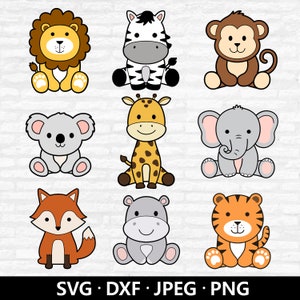 Safari Animals SVG, bundle SVG animali carini, animali della giungla PNG, clipart animali, leone koala scimmia volpe elefante tagliare file download digitale