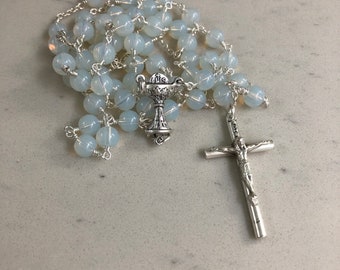 Opalite Holy Communion Rosary | White Rosary for Catholic Rosary Beads | Silver Rosary First Communion Gift First Communion Gift | Gifts