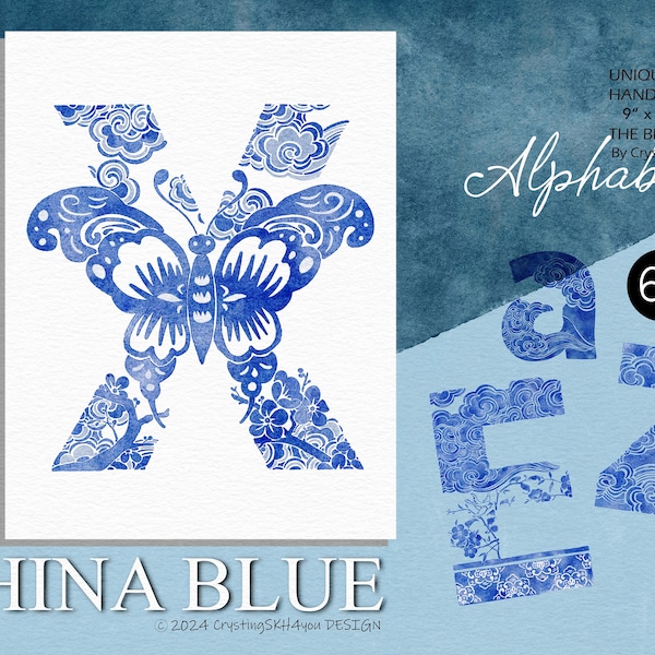 DIGITAL DOWNLOAD, China Blue Alphabet, 26 Letters, Watercolor, Art Illustration, Fussy Cut, Hand Drawn Clip Art, Bullet Journal, Elegant