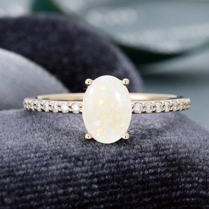 Oval cut Opal engagement ring yellow Gold Minimalist ring engagement ring vintage Half eternity diamond ring Bridal ring Anniversary ring image 1