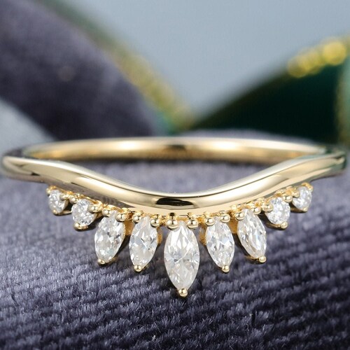 Marquise Cut Curved Wedding Band Women Solid 14K Yellow Gold - Etsy