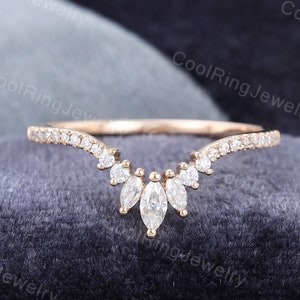 Curved wedding band women Rose gold Moissanite diamond wedding band vintage Marquise cut stacking Unique Bridal Anniversary Gift for women