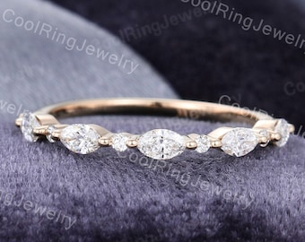 Moissanite wedding band women Unique rose gold vintage wedding band Half eternity Marquise stacking matching Bridal Promise Gift for her