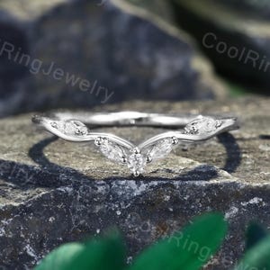 Marquise cut Lab Grown Diamond Wedding Band Solid White gold ring Vintage Curved Stacking Matching Band Dainty Anniversary Promise Band