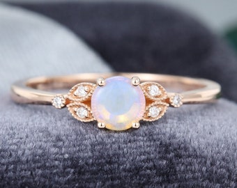 Opal engagement ring rose gold vintage Cluster Diamond  engagement ring for women Antique milgrain Solid 14K ring Bridal Anniversary gift