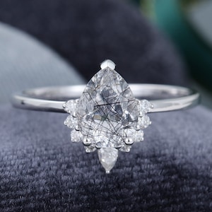 Pear shaped Black Rutilated Quartz engagement ring White Gold ring Moissanite ring Bridal ring art deco Anniversary gift for women