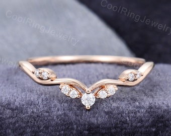 Curved wedding band women Rose gold Moissanite Diamond vintage ring Bridal ring art deco Promise ring Anniversary Gift for women