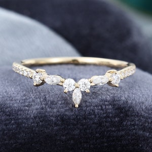 Curved wedding band yellow gold wedding band Marquise cut Moissanite/Diamond ring stacking matching Unique ring Bridal ring Promise ring