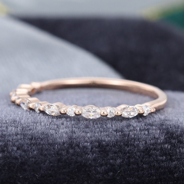 Half eternity wedding band women Moissanite wedding band Rose gold Marquise cut diamond stacking matching Vintage ring Bridal Gift for women