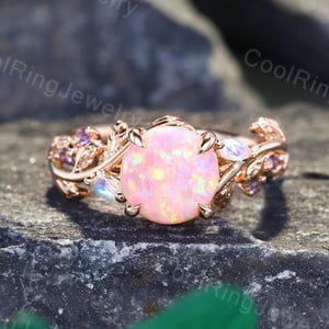 Pink Opal Engagement ring Marquise Moonstone ring Amethyst Ring Leaf branch ring Nature inspired ring Rose Gold ring Wedding promise ring