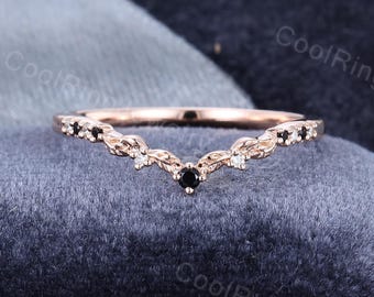 Black Onyx Wedding band Unique Curved Diamond Wedding band Vintage Solid Rose gold ring Stacking matching Ring Wedding Anniversary ring