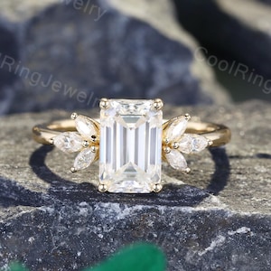 Emerald cut Moissanite engagement ring Solid Yellow Gold Ring Art deco Marquise cut Natural diamond Cluster Ring Wedding Anniversary ring