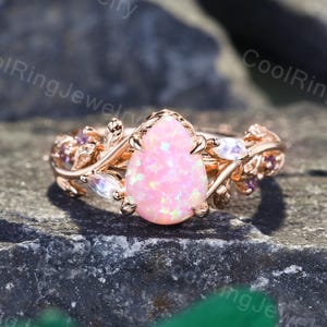 Pear shaped Pink Opal Engagement ring Marquise Moonstone ring Leaf branch ring Nature inspired ring Rose Gold ring Wedding promise ring