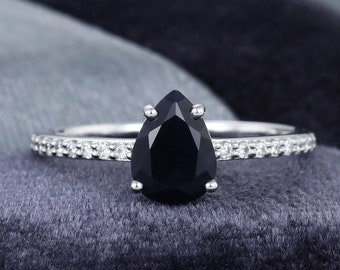 Black Sapphire engagement ring white gold pear shaped engagement ring vintage Half eternity diamond ring Anniversary gift for women