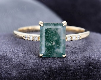 Emerald cut Moss Agate engagement ring vintage diamond Cluster yellow gold engagement ring Bridal anniversary gift for women