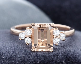 Emerald cut Morganite engagement ring for women Unique diamond Cluster engagement ring rose gold vintage Antique Bridal anniversary gift