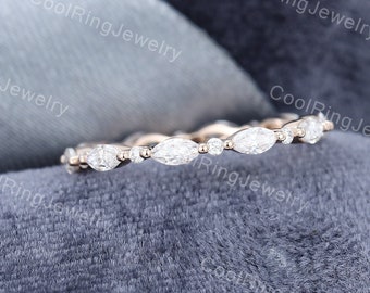 Moissanite wedding band women Rose gold wedding band Marquise cut stacking matching Unique Full eternity ring Bridal Promise Gift for women