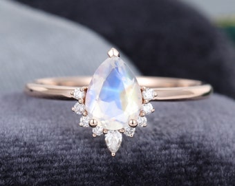 Moonstone engagement ring Unique Rose Gold engagement ring Pear shaped diamond ring Bridal ring Promise ring Anniversary ring for women