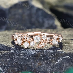 Floral Moissanite Wedding band Solid 18K Rose gold wedding band Vintage Natural Diamond stacking matching band Promise Anniversary ring