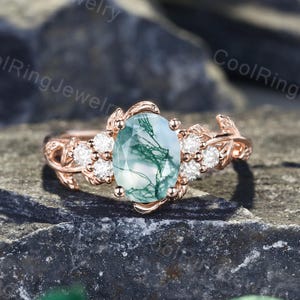 Oval Natural Moss Agate engagement ring Leaf Branch Ring Vintage Nature inspired Ring Solid Rose Gold Wedding Anniversary Promise ring