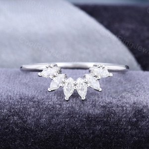 Unique Curved wedding band white gold Marquise cut Moissanite /diamond wedding band vintage stacking Bridal ring Anniversary ring