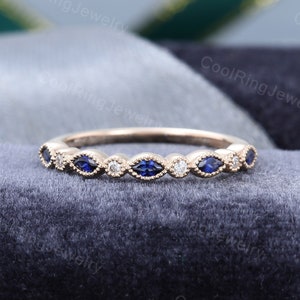 Vintage sapphire wedding band Rose gold ring Half eternity women Moissanite wedding band Milgrain ring Marquise cut stacking matching ring
