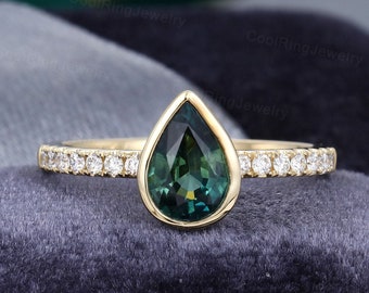 Pear shaped green blue Sapphire engagement ring teal sapphhire  Solid 14K yellow gold ring diamond moissanite ring Promise gift for women