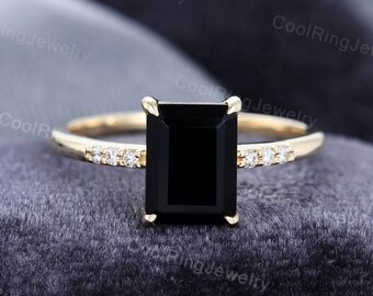 Emerald cut Black Onyx engagement ring Diamond cluster vintage ring Yellow gold engagement ring Bridal ring Anniversary gift for women