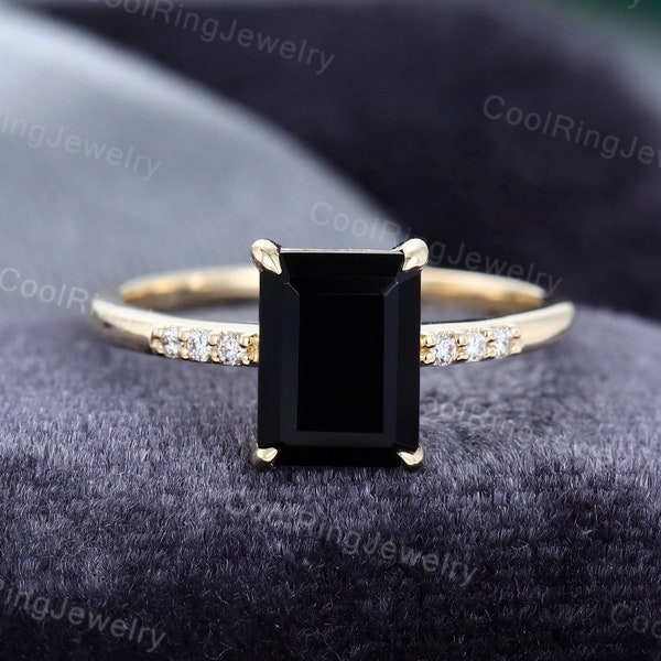 Emerald cut Black Onyx engagement ring Diamond cluster vintage ring Yellow gold engagement ring Bridal ring Anniversary gift for women